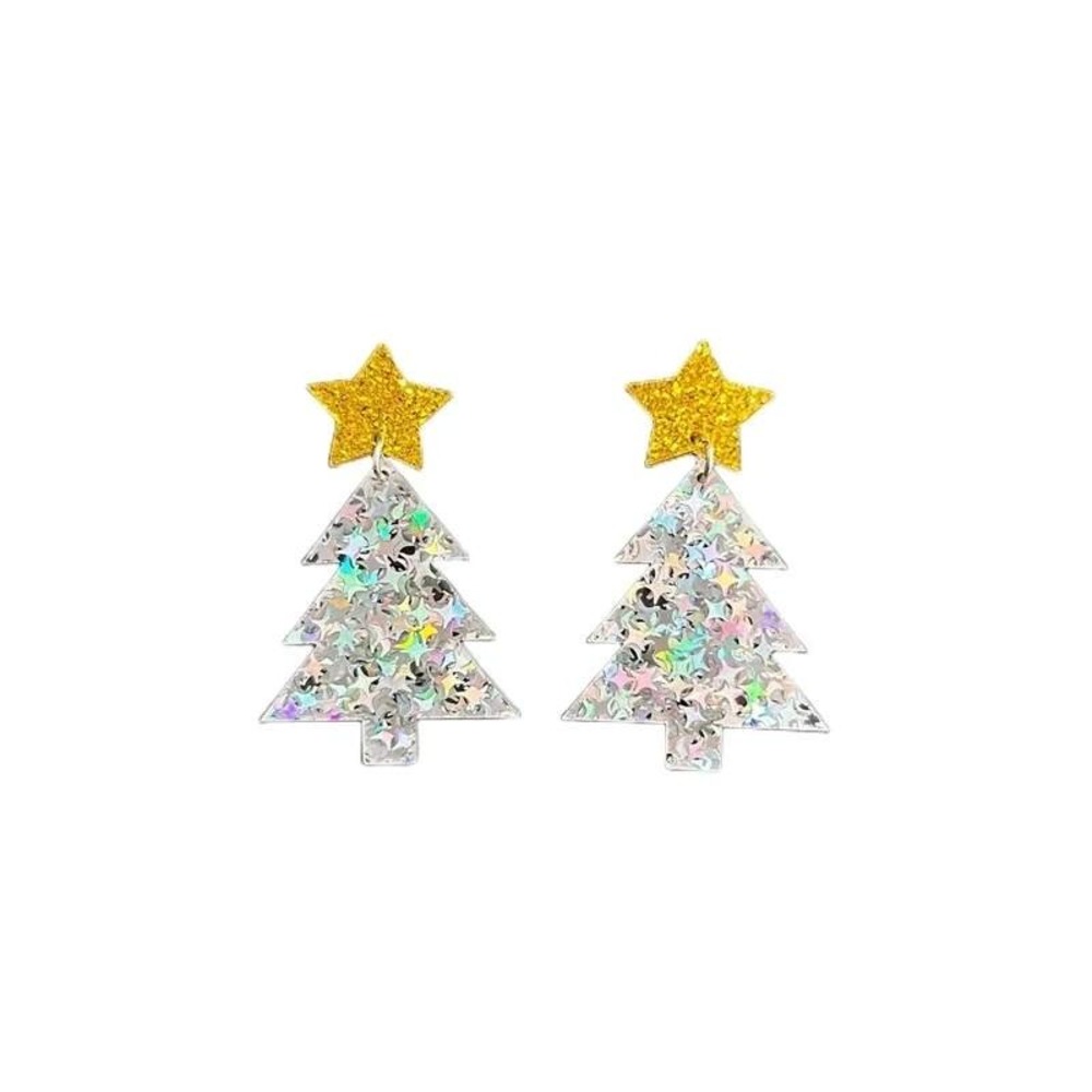 Sparkly Christmas Tree Earrings with Gold Star Dangle Holiday Festive Jewelry